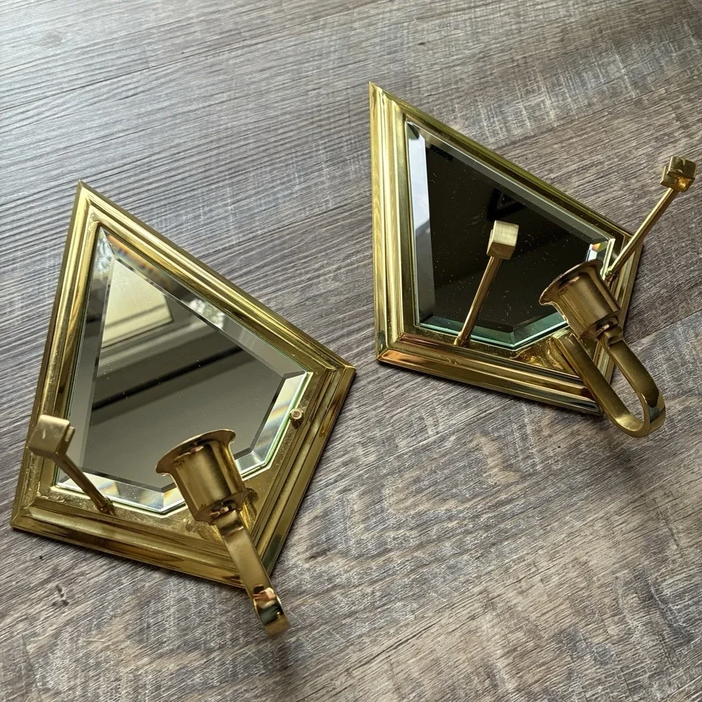 Vintage PartyLite Brass Mirror Wall Sconce Candle Holders Hollywood Regency Set - Picture 4 of 16
